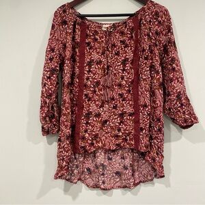 Knox Rose Women's Lace Trim Floral Print Top Raspberry Size XS